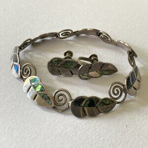 VTG Taxco Link Bracelet Screw Earrings Set Mexico 925 Sterling Silver Abalone